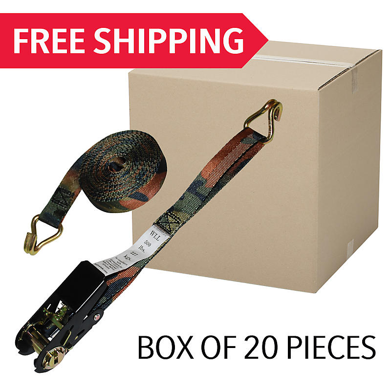1" x 15' Camo Ratchet Strap w/ Wire Hooks BOX OF 20 Ratchet Straps USA