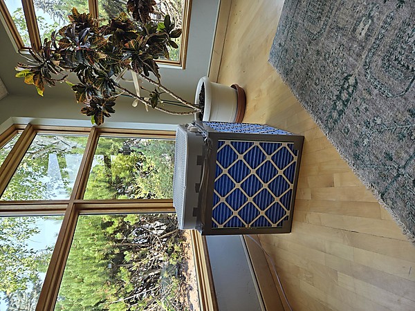 A DIY box fan purifier operating in the Library